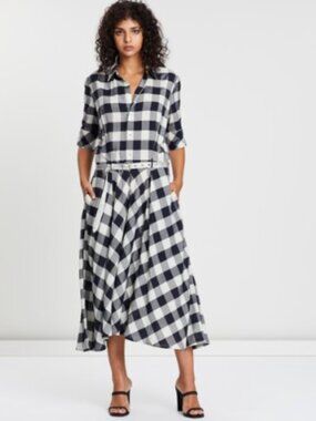 ✨ HOPE Gingham Shirt Dress – Navy & White – Size M